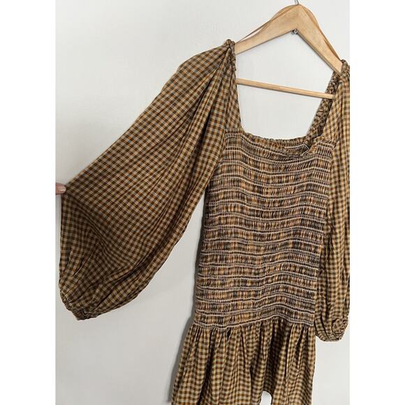 Urban Outfitters Brown Plaid Smocked Balloon Sleeve Tunic Mini Dress Small NWT - Picture 3 of 5